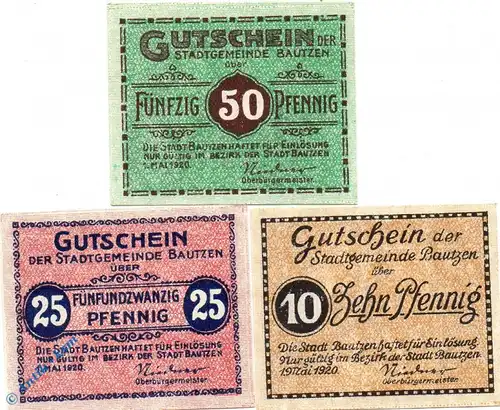 Notgeld Bautzen , Set mit 3 Scheinen , Tieste 0360.20.20 bis 22 , von 1920 , Sachsen Verkehrsausgabe