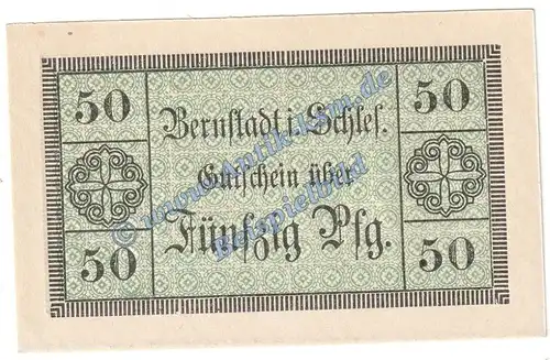 Bernstadt , Notgeld 50 Pfennig Schein in kfr. Tieste 0550.05.21 Schlesien o.D. Verkehrsausgabe