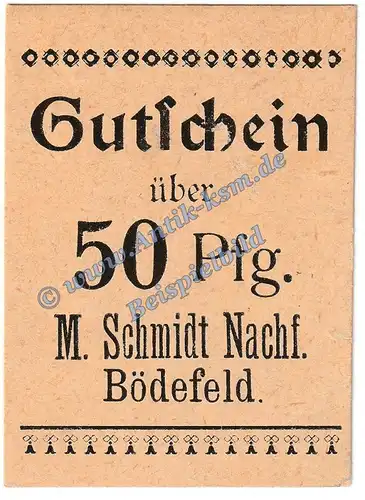 Bödefeld , Notgeld -Schmidt- 50 Pfennig Schein in kfr. Tieste 0805.45.02 , Westfalen o.D. Verkehrsausgabe