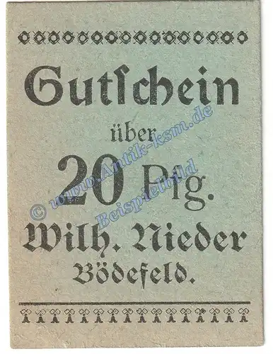 Bödefeld , Notgeld -Nieder- 20 Pfennig Schein in kfr. Tieste 0805.35.23 , Westfalen o.D. Verkehrsausgabe