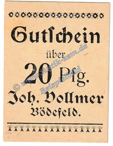 Bödefeld , Notgeld -Vollmer- 20 Pfennig Schein in kfr. Tieste 0805.50.05 , Westfalen o.D. Verkehrsausgabe
