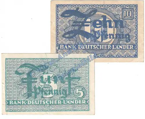 Banknoten , 5 und 10 Pfennig Scheine in gbr. WBZ-11-12, Ros.250-251, P.11-12 , Kopfgeld Bank deutscher Länder