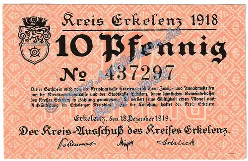 Erkelenz , Notgeld 10 Pfennig Schein in kfr. Tieste 1765.05.35 , Rheinland 1918 Verkehrsausgabe