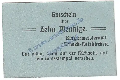 Erbach Reiskirchen , Notgeld 10 Pfennig Schein in kfr. Tieste 1740.05.05 , Pfalz o.D. Verkehrsausgabe