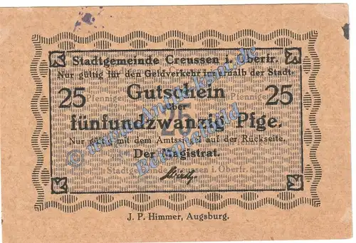 Creussen , Notgeld 25 Pfennig Schein in f-kfr. Tieste 1225.05.16 , Bayern o.D. Verkehrsausgabe