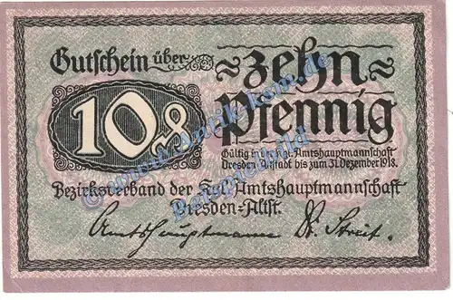 Dresden , Notgeld 10 Pfennig Schein in kfr. Tieste 1480.30.01 , Sachsen o.D. Verkehrsausgabe