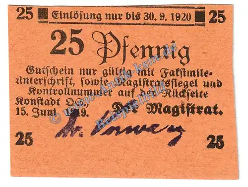 Konstadt , Notgeld 25 Pfennig Schein in kfr. Tieste 3665.05.26 Schlesien 1919 Verkehrsausgabe