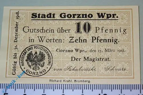 Notgeld Gorzno , 10 Pfennig Schein , Tieste 2370.05.01 , Westpreussen Verkehrsausgabe