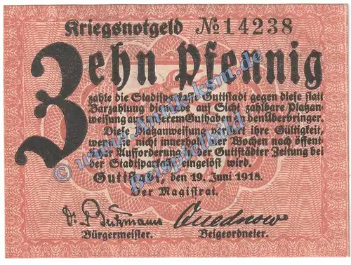 Guttstadt , Notgeld 10 Pfennig Schein in kfr. Tieste 2675.05.01 , Ostreussen 1918 Verkehrsausgabe
