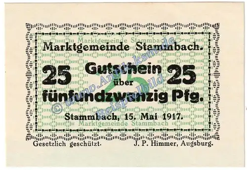 Stammbach , Notgeld 25 Pfennig -78x55- in kfr. Tieste 7070.05.38 , Bayern 1917 Verkehrsausgabe