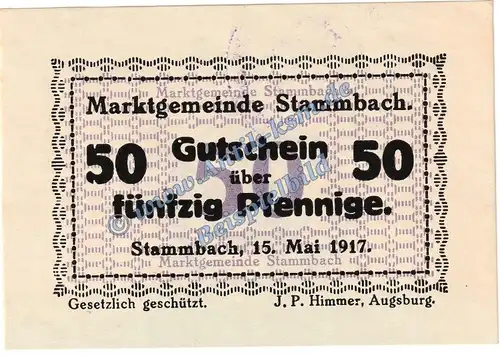 Stammbach , Notgeld 50 Pfennig -78x55- in kfr. Tieste 7070.05.39 , Bayern 1917 Verkehrsausgabe