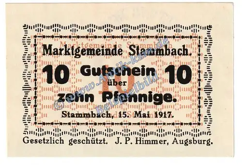 Stammbach , Notgeld 10 Pfennig -60x40- in kfr. Tieste 7070.05.46 , Bayern 1917 Verkehrsausgabe