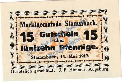 Stammbach , Notgeld 15 Pfennig -60x40- in kfr. Tieste 7070.05.47 , Bayern 1917 Verkehrsausgabe