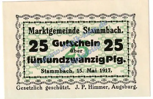 Stammbach , Notgeld 25 Pfennig -60x40- in kfr. Tieste 7070.05.48 , Bayern 1917 Verkehrsausgabe