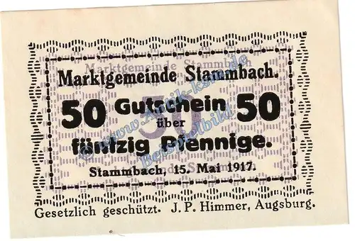 Stammbach , Notgeld 50 Pfennig -60x40- in kfr. Tieste 7070.05.49 , Bayern 1917 Verkehrsausgabe