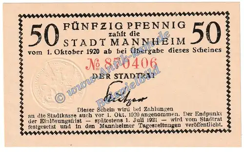 Mannheim , Notgeld 50 Pfennig Schein in kfr. Tieste 4360.20.01 , Baden o.D. Verkehrsausgabe