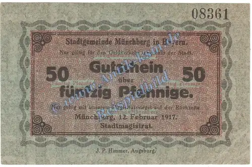 Münchberg , Notgeld 50 Pfennig Schein in kfr. Tieste 4675.05.03 , Bayern 1917 Verkehrsausgabe