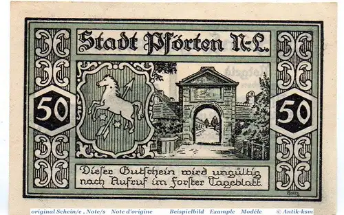 Notgeld Pförten , 50 Pfennig Schein in kfr. Tieste 5590.05.05 , von 1921 , Brandenburg Verkehrsausgabe