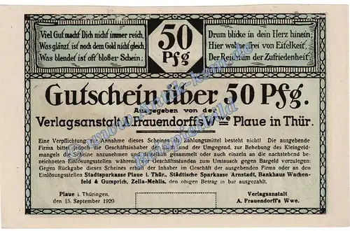 Plaue , Notgeld 50 Pfennig MUSTER Schein in kfr. Tieste 5650.05.02.M Thüringen 1920 Verkehrsausgabe