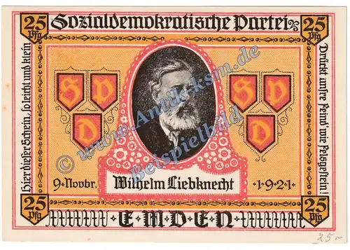 Emden , Notgeld 25 Pfennig -Liebknecht- in kfr. M-G 336.1 Seriennotgeld 1921 Niedersachsen