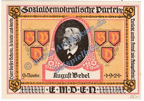 Emden , Notgeld 50 Pfennig -Bebel- in kfr. M-G 336.1 Seriennotgeld 1921 Niedersachsen