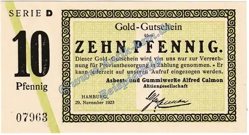 Hamburg , 10 Pfennig Gold Notgeld Schein in kfr. Müller 2325.3 Wertbeständig 1923 Hamburg