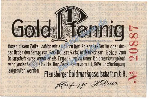 Flensburg , 1 Pfennig Gold Notgeld Schein in f-kfr. Müller 1660.2.a Wertbeständig 1923 Schleswig Holstein