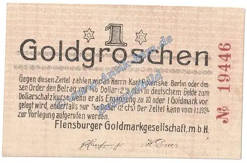 Flensburg , 1 Groschen Gold Notgeld Schein in f-kfr. Müller 1660.3.a Wertbeständig 1923 Schleswig Holstein