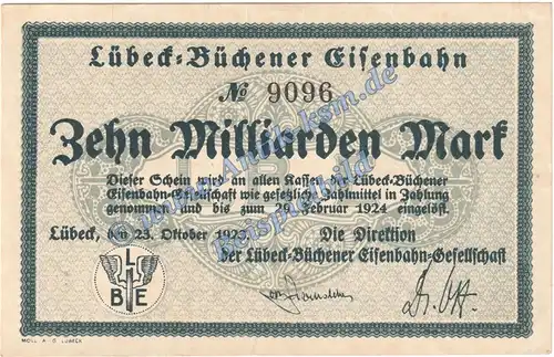 Lübeck Büchen , Banknote 10 Milliarden Mark Schein in f-kfr. Keller 3342 , Inflation 1923 Schleswig Holstein
