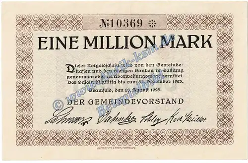 Bramfeld , Banknote 1 Million Mark Schein in kfr. Keller 555.a Inflation 1923 Schleswig Holstein