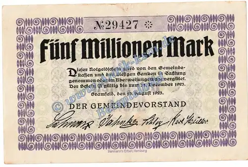 Bramfeld , Banknote 5 Millionen Mark Schein in gbr. Keller 555.a Inflation 1923 Schleswig Holstein