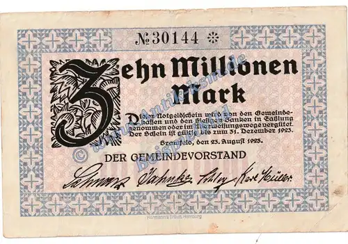 Bramfeld , Banknote 10 Millionen Mark Schein in gbr. Keller 555.a Inflation 1923 Schleswig Holstein