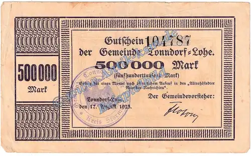 Tonndorf Lohe , Banknote 500.000 Mark Schein in gbr. Keller 5184.b Inflation 1923 Schleswig Holstein