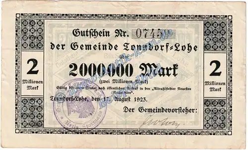 Tonndorf Lohe , Banknote 2 Millionen Mark Schein in gbr. Keller 5184.b Inflation 1923 Schleswig Holstein