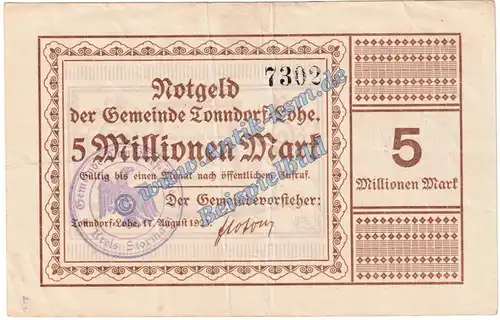 Tonndorf Lohe , Banknote 5 Millionen Mark Schein in gbr. Keller 5184.b Inflation 1923 Schleswig Holstein