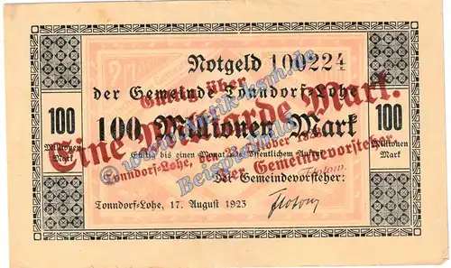 Tonndorf Lohe , Banknote 1 Milliarde Mark Schein in L-gbr. Keller 5184.c Inflation 1923 Schleswig Holstein