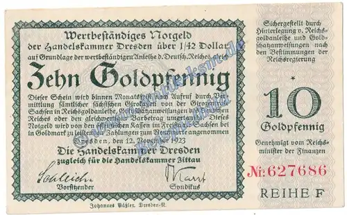 Dresden , Notgeld 10 Gold Pfennig Schein in L-gbr. Bühn 1181.5.a , Wertbeständig 1923 Sachsen