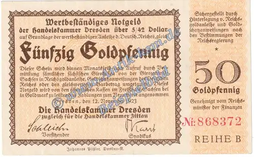 Dresden , Banknote 50 Gold Pfennig Schein in kfr. Müller 1470.2.c Wertbeständig 1923 Sachsen