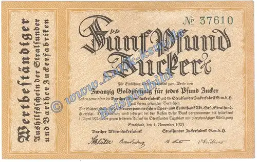Stralsund , Banknote 5 Pfund Zucker Schein in gbr. Müller 4805.2 Wertbeständig 1923 Mecklenburg Vorpommern