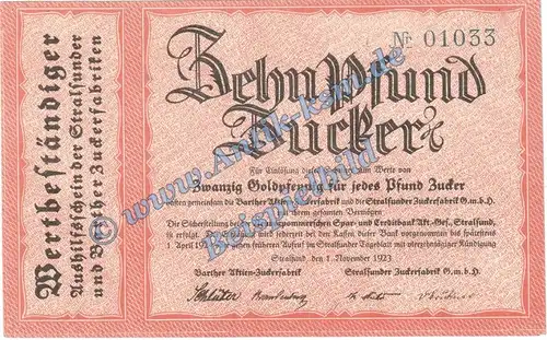 Stralsund , 10 Pfund Zucker Notgeld Schein in f-kfr. Müller 4260.3 Wertbeständig 1923 Schlesien