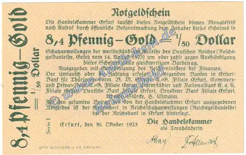 Erfurt , 8,4 Pfennig Gold Notgeld Schein in kfr. Müller 1585.3 Wertbeständig 1923 Thüringen