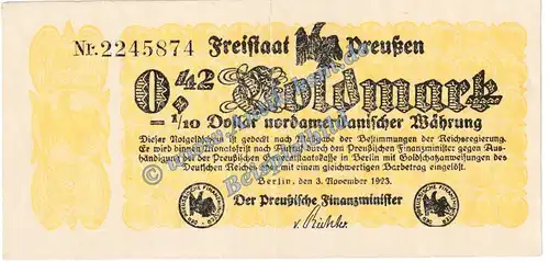 Berlin , Banknote 42 Gold Pfennig Schein in gbr. Müller 0265.3 Wertbeständig 1923 Brandenburg