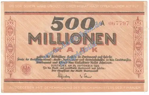 Dortmund , Banknote 500 Mio. Mark Schein in gbr. Keller 1061.n , Inflation 1923 Westfalen