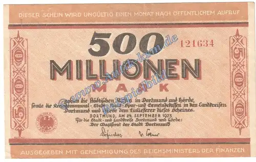Dortmund , Banknote 500 Mio. Mark Schein in gbr. Keller 1061.m , Inflation 1923 Westfalen