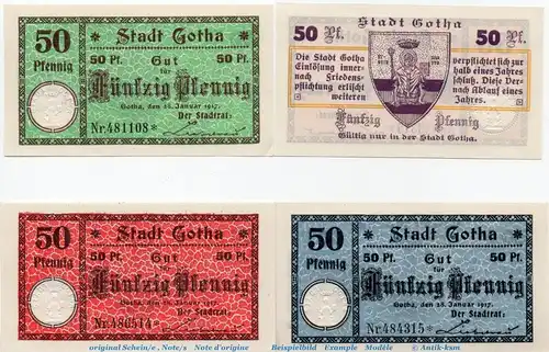 Notgeld Stadt Gotha 456.1 , Set mit 4 Scheinen in kfr. von 1917 , Thüringen Seriennotgeld