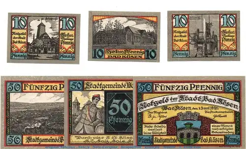 Notgeld Stadt Bad Kösen 734.1 , Set mit 6 Scheinen in kfr. von 1921 , Sachsen Anhalt Seriennotgeld