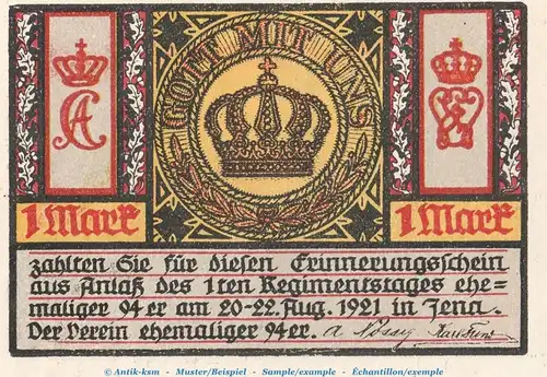 Notgeld ehemaliger 94er Jena 657.1.b , 1 Mark Schein Nr.5 o.Drfa. in kfr. von 1921 , Thüringen Seriennotgeld