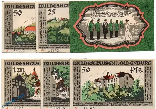 Notgeld Wildeshausen , A mit Kn , Set mit 6 Scheinen in kfr. Mehl Grabowski 1426.2.a , von 1921 , Niedersachsen Seriennotgeld