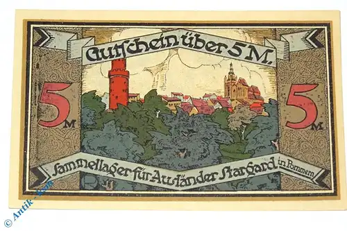 Notgeld Stargard , 5 Mark Schein , o. Stempel , Mehl Grabowski 1255.1 b , von 1921 , Pommern Seriennotgeld