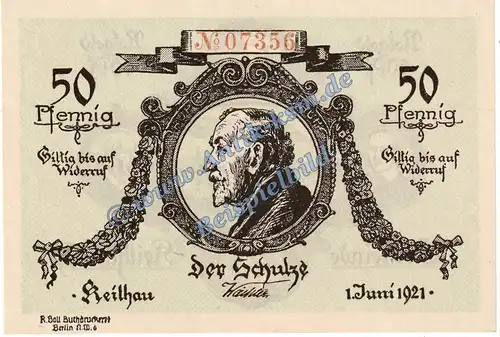 Keilhau , Notgeld 50 Pfennig Schein in kfr. M-G 683.1 , Thüringen 1921 Seriennotgeld